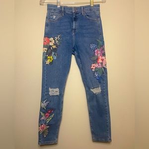 Topshop Moto Jamie Jeans with Bird and Flower Embroidery skinny jean size 28
